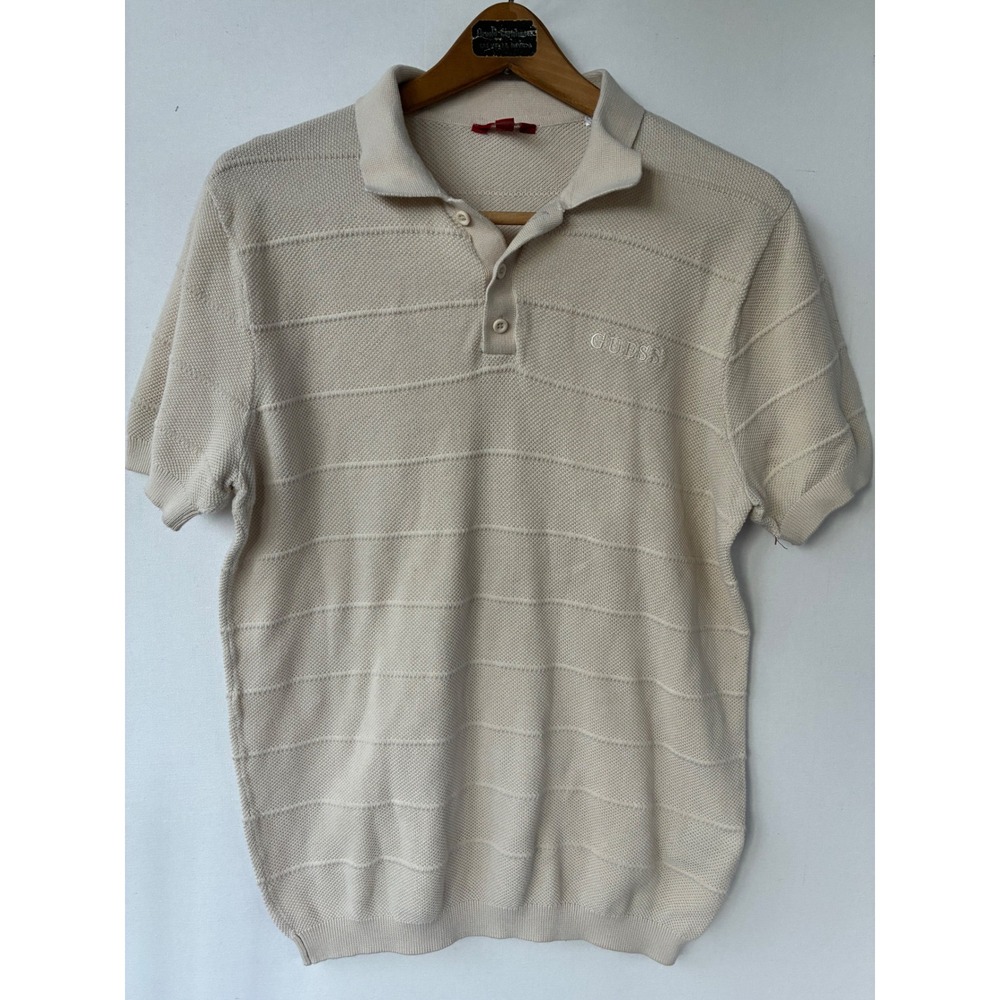 VTG Guess Los Angeles Mens Knit Polo Shirt Cream Beige Textured Stripe Large